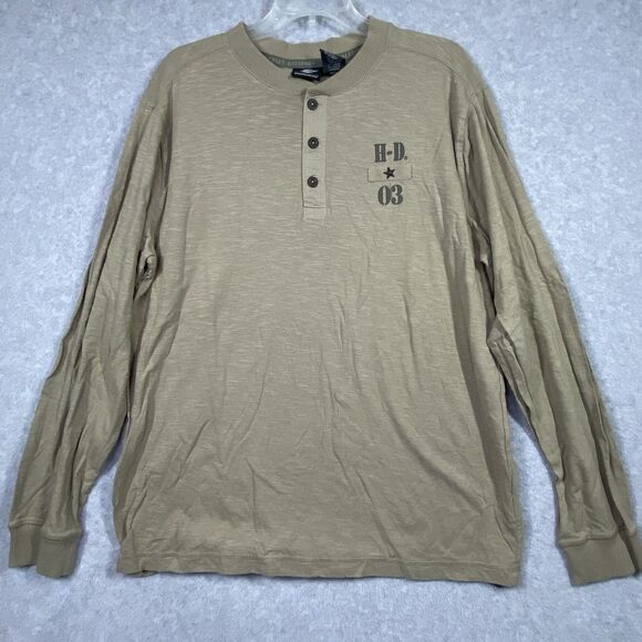 Harley-Davidson Other - Harley Davidson Henley Shirt Mens XL Khaki Long Sleeve Motorcycle Biker Chopper